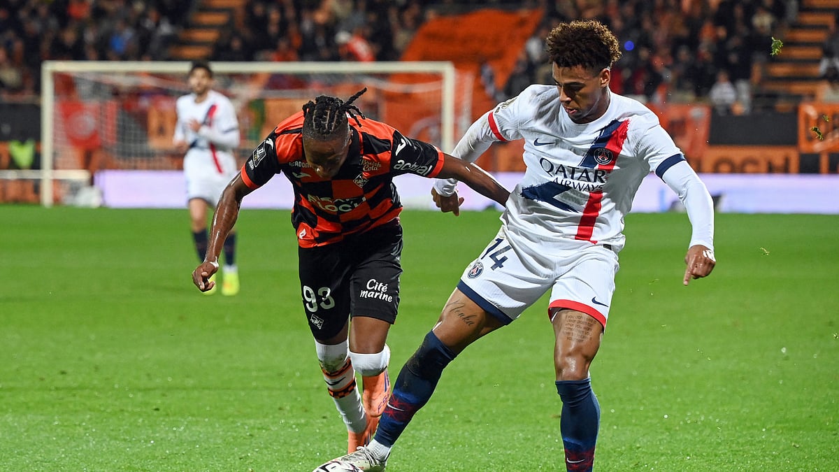Desire Doue in action for Paris Saint-Germain against Lorient.