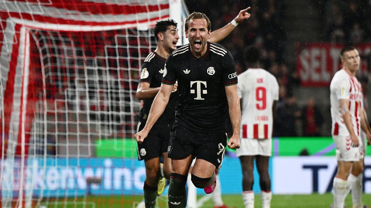 Bayern Munich's Harry Kane celebrates his goal against FC Koln in DFB-Pokal 2025-26 second round.