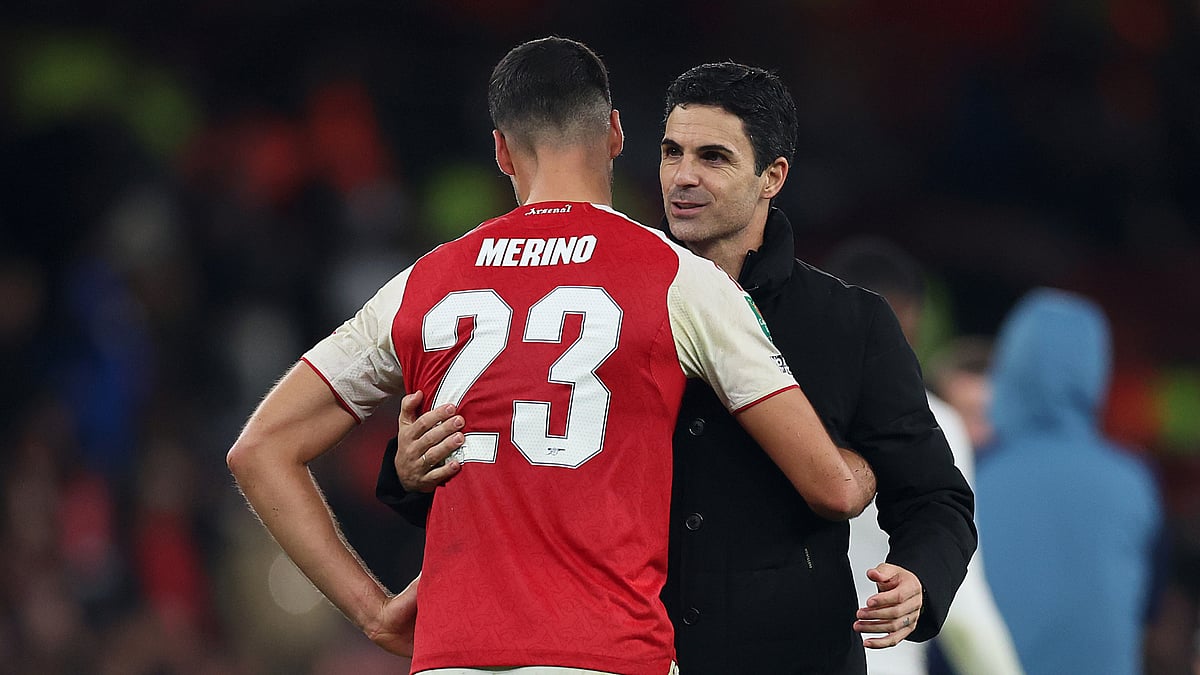 Arsenal's Mikel Arteta and Mikel Merino during the EFL Cup win over Brighton and Hove Albion.