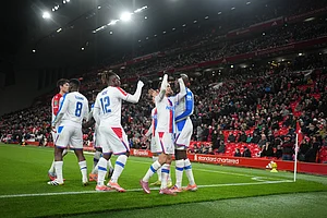 | Photo: AP/Jon Super : Liverpool vs Crystal Palace: Crystal Palace players celebrate after a goal during the English League Cup fourth round soccer match between Liverpool and Crystal Palace in Liverpool, England.