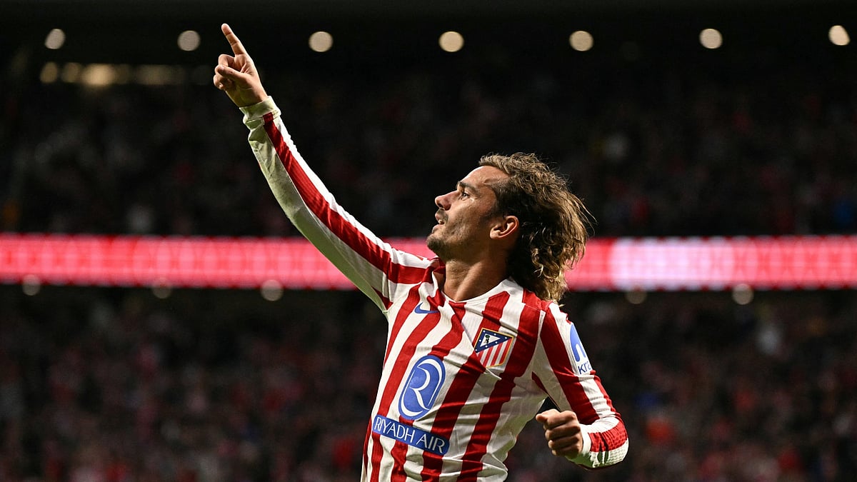 Atletio Madrid's goalscorer Antoine Griezmann celebrates his goal against Sevilla in La Liga 2025-26.