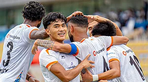 | Photo: X/RGPunjabFC : Punjab FC players celebrate a goal during the AIFF Super Cup 2025 match against Gokulam Kerala on October 27, 2025.