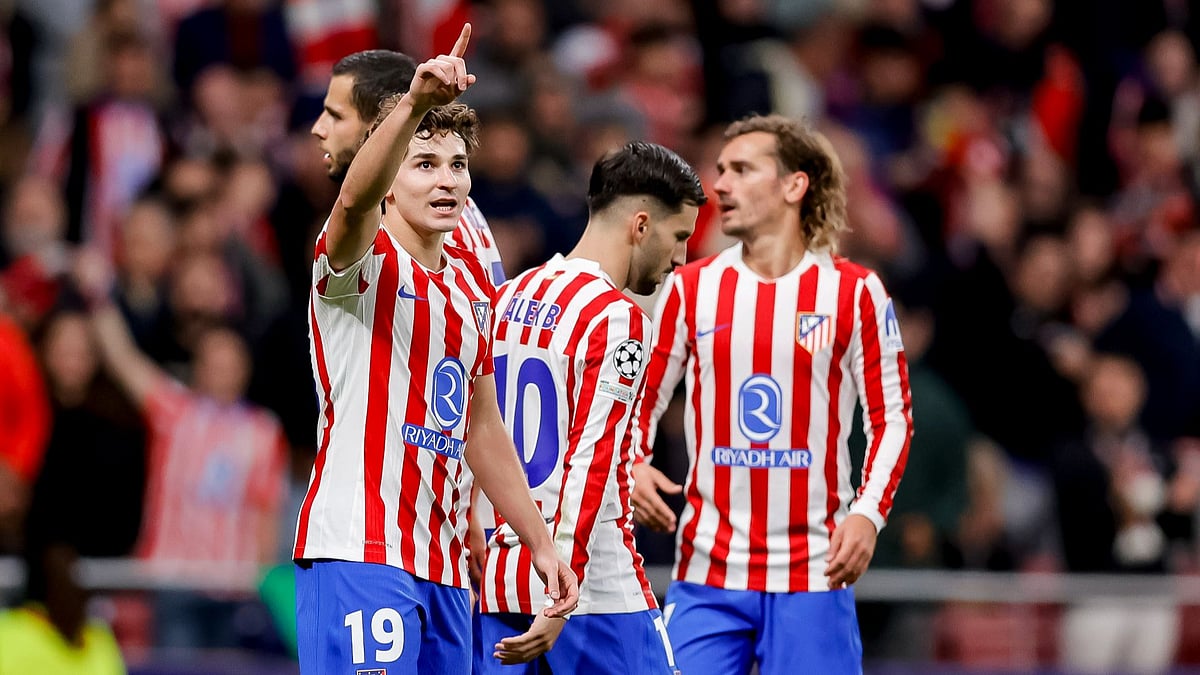 Julian Alvarez celebrates after scoring for Atletico Madrid against Union Saint-Gilloise in UEFA Champions League 2025-26.