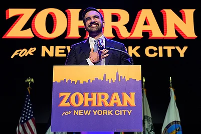| Photo: AP/Yuki Iwamura : Zohran Mamdani speaks during a victory speech at a mayoral election night watch party in New York.