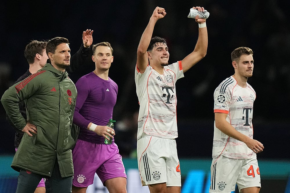 | Photo: AP/Thibault Camus : Bayern’s Aleksandar Pavlovic celebrates after the Champions League opening phase soccer match between Paris Saint-Germain and Bayern Munich in Paris, France.