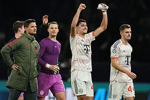 | Photo: AP/Thibault Camus : Bayern’s Aleksandar Pavlovic celebrates after the Champions League opening phase soccer match between Paris Saint-Germain and Bayern Munich in Paris, France.