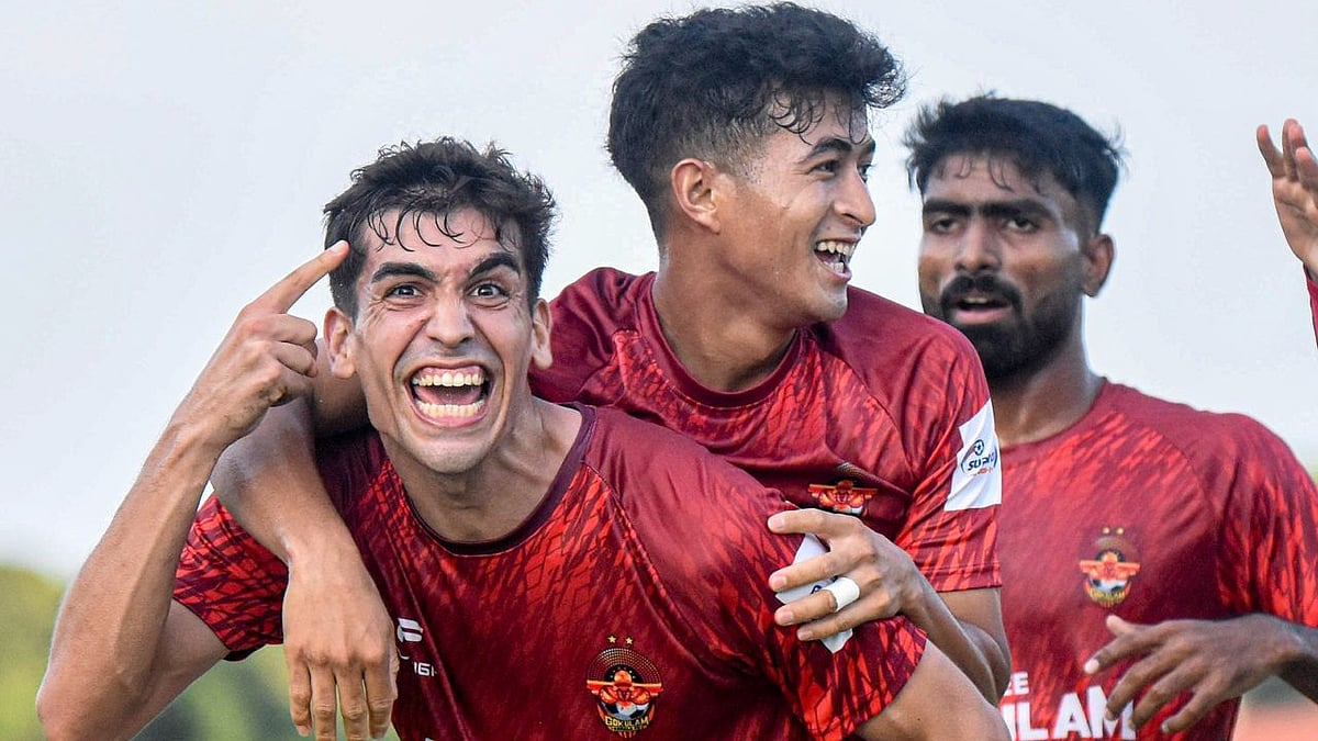 | Photo: X/GokulamKeralaFC : Gokulam Kerala's Albert Torras celebrates after scoring against Mohammedan SC in the AIFF Super Cup 2025 match at GMC Athletic Stadium, Bambolim, on November 5, 2025.