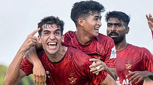 | Photo: X/GokulamKeralaFC : Gokulam Kerala's Albert Torras celebrates after scoring against Mohammedan SC in the AIFF Super Cup 2025 match at GMC Athletic Stadium, Bambolim, on November 5, 2025.