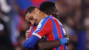 Ismaila Sarr and Yeremy Pino celebrate Crystal Palace's second goal against AZ Alkmaar in UEFA Conference League.