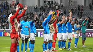 AP : Pafos players celebrate after winning the UEFA Champions League match against Villarreal in Limassol, Cyprus.