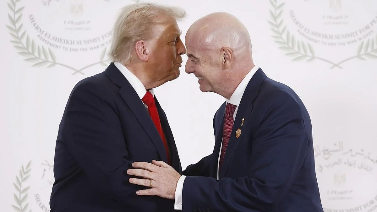 | Photo: Pool photo/Yoan Valat via AP : President Trump and FIFA President Gianni Infantino pose during the greetings ceremony before the family picture at the Gaza Peace Summit in Sharm el-Sheikh, Egypt, Monday, Oct.13 2025.