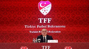 | Photo: Dia Photo/Samet Yalcin via AP : Turkish Football Federation president Ibrahim Haciosmanoglu talks during a news conference, in Istanbul, Turkey, Monday, Oct. 27, 2025.