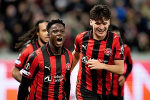 | Photo: Bo Amstrup/Ritzau Scanpix via AP : Midtjylland's Franculino Dju, left, together with Mikel Gogorza celebrate scoring their side's third goal of the game during the Europa League soccer match between FC Midtjylland and Celtic FC in Herning, Denmark.