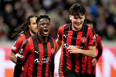 | Photo: Bo Amstrup/Ritzau Scanpix via AP : Midtjyllands Franculino Dju, left, together with Mikel Gogorza celebrate scoring their sides third goal of the game during the Europa League soccer match between FC Midtjylland and Celtic FC in Herning, Denmark.