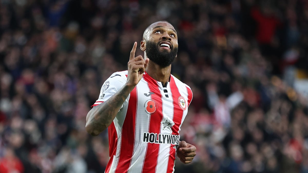 Igor Thiago celebrates scoring Brentford's third in their 3-1 win over Newcastle United in English Premier League.