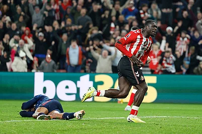 | Photo: Richard Sellers/PA via AP : Sunderlands Brian Brobbey celebrates scoring their sides second goal of the game against Arsenal during the Premier League match in Sunderland, England.