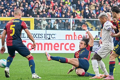 | Photo: Tano Pecoraro/LaPresse via AP : Genoas Lorenzo Colombo scores his sides second goal during a Serie A soccer match between Genoa and Fiorentina, in Genoa, Italy.