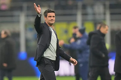 | Photo: AP/Luca Bruno : Inter Milans head coach Cristian Chivu celebrates at the end of a Serie A soccer match between Inter Milan and Lazio, in Milan, Italy.