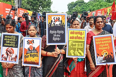 | Photo: PTI : Supporters of DMK-led Secular Progressive Alliance hold placards during a protest against SIR, in Chennai.