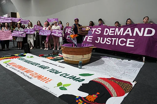 (AP Photo/Andre Penner) : Demonstrators protest for gender justice at the COP30 U.N. Climate Summit, Tuesday, Nov. 11, 2025, in Belem, Brazil.