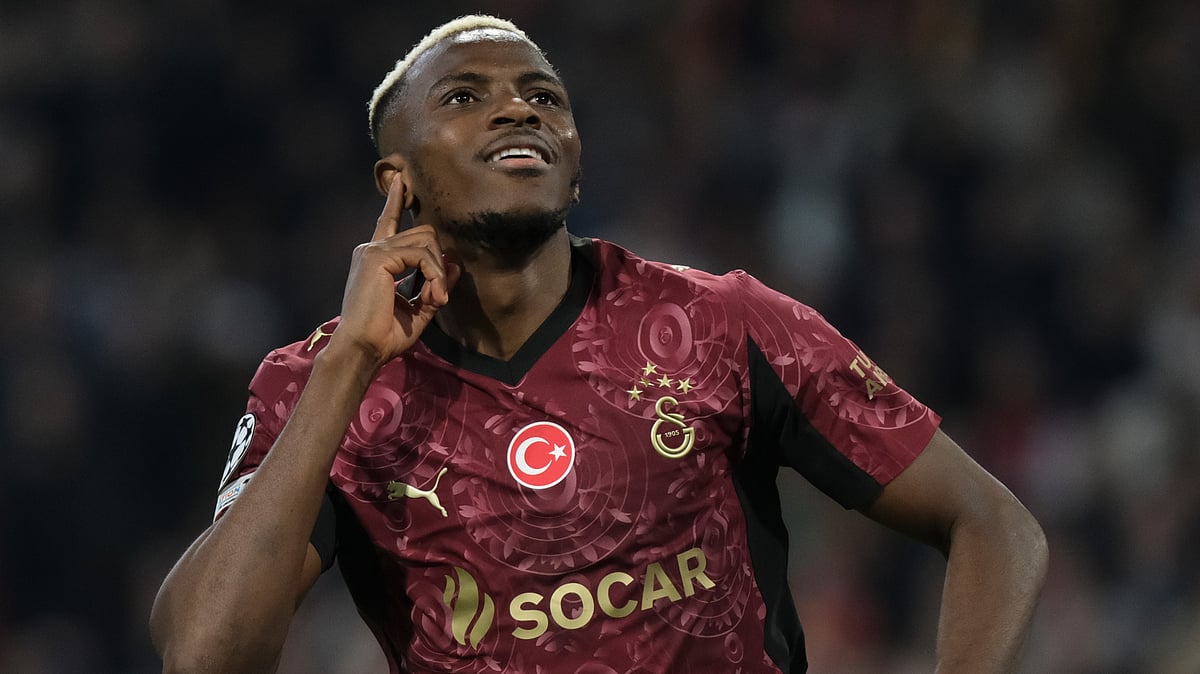 | Photo: AP/Patrick Post : Galatasaray's Victor Osimhen reacts after scoring during the Champions League match against Ajax on Wednesday, November 5, 2025.