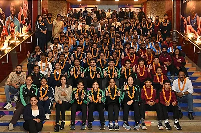 | Photo: SAI Media : The Indian contingent for the Tokyo Deaflympics poses for a group photo in New Delhi.