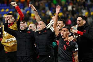| Photo: AP/Joan Monfort : Albania players celebrate at the end of a World Cup 2026 group K qualifying soccer match between Andorra and Albania in Encamp, Andorra.