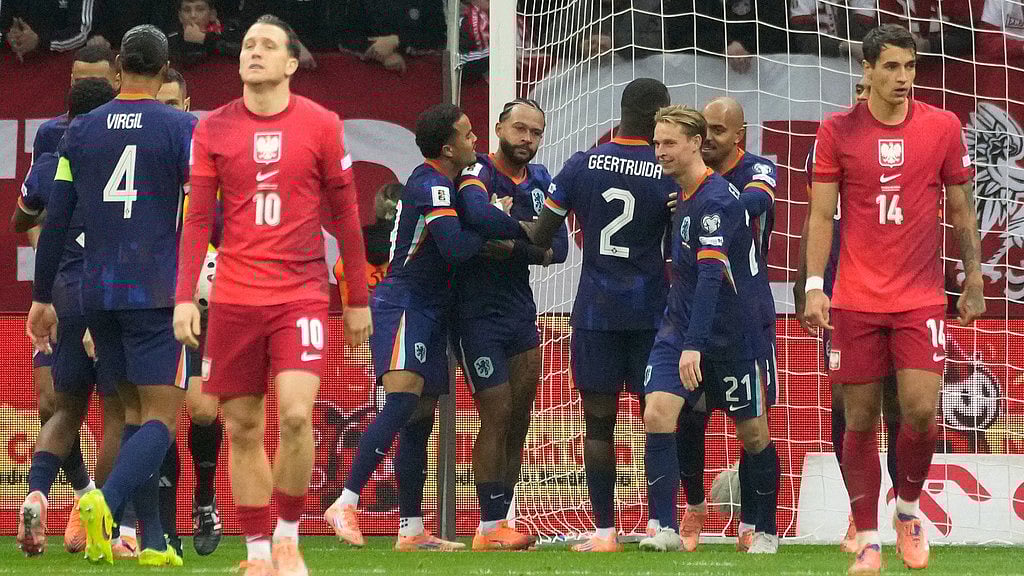 Photo: AP : Poland Vs Netherlands Highlights, FIFA World Cup 2026 European Qualifiers: Memphis Depay, centre, reacts after scoring his side's first goal in Warsaw.