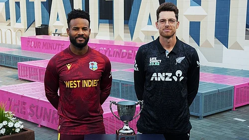 X/BlackCaps : Captains Mitchell Santner (right) and Shai Hope pose with the trophy for the ODI series between New Zealand and West Indies.