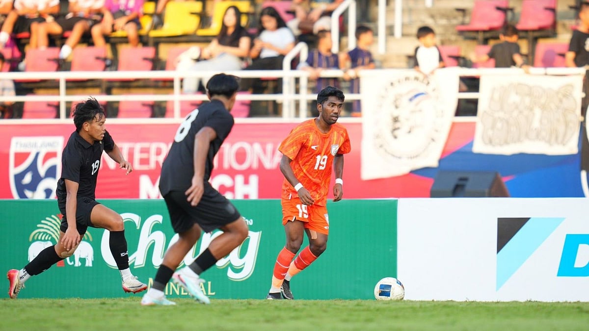 | Photo: AIFF : India U23's Raj Basfore in action during the FIFA international friendly match against Thailand U23 at Thammasat Stadium on Novemebr 15, 2025.