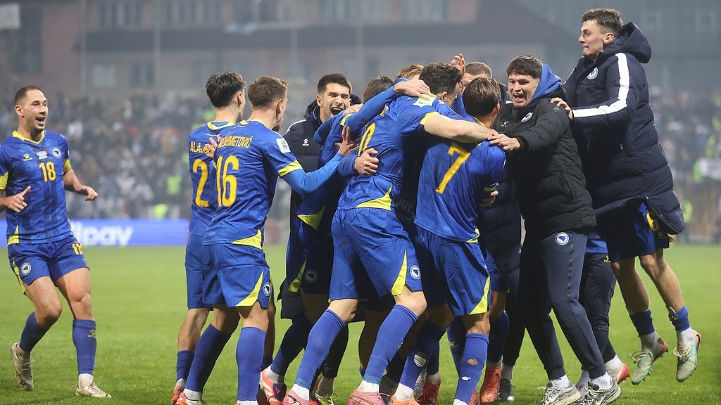 Photo: AP : Bosnia-Herzegovina Vs Romania Highlights, FIFA World Cup Qualifiers: Haris Tabakovic, centre, celebrates with teammates after scoring his side's third goal.
