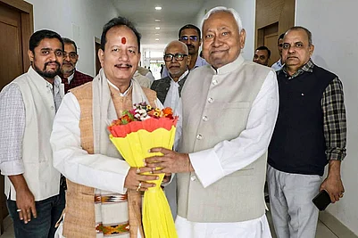 | Photo; @VijayKrSinhaBih/X via PTI : In this image, Bihar Chief Minister Nitish Kumar being congratulated by Deputy Chief Minister Vijay Kumar Sinha on NDAs victory in the State Assembly elections.