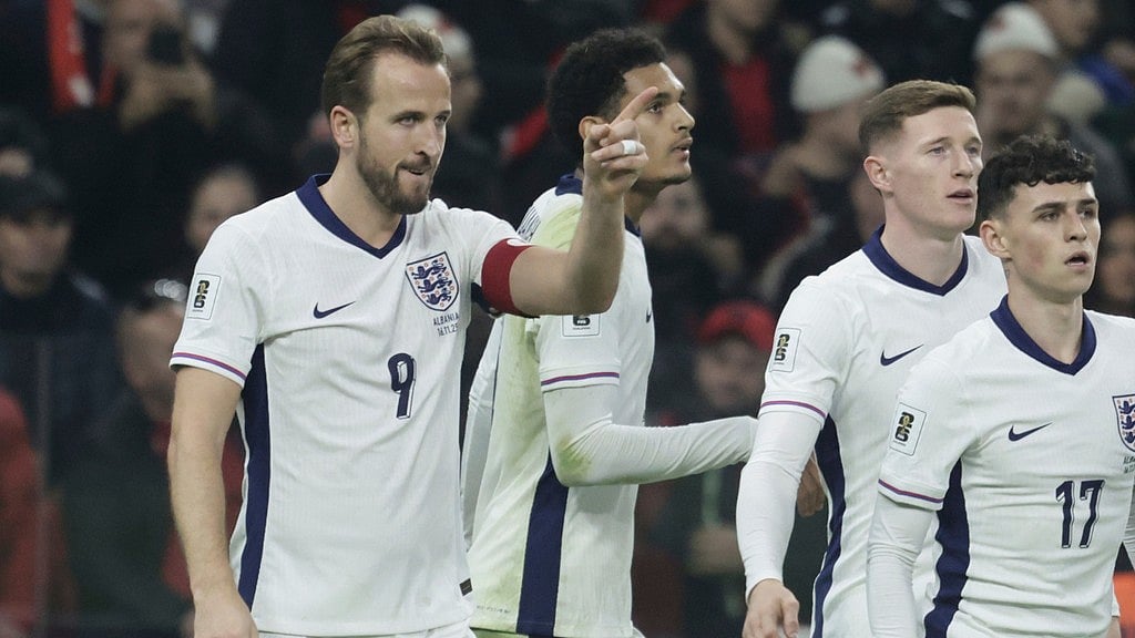 Photo: AP : Albania Vs England Highlights, FIFA World Cup 2026 European Qualifiers: Harry Kane, left, celebrates with teammates after scoring his side's second goal.