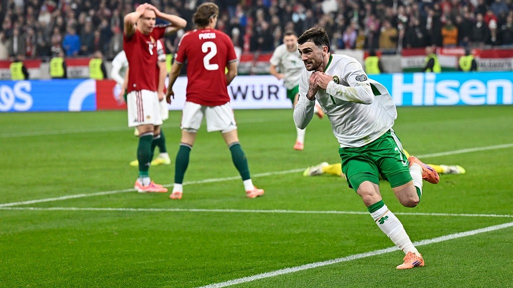 Photo: AP : Hungary Vs Republic Of Ireland Highlights, FIFA World Cup 2026 European Qualifiers: Troy Parrott, right, celebrates after scoring his side's third goal.