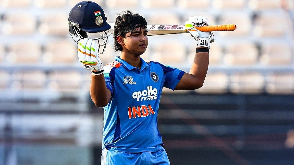 | Photo: X/BCCI : Vaiabhav Suryavanshi celebrates his century against Afghanistan in the Rising Stars Asia Cup 2025.