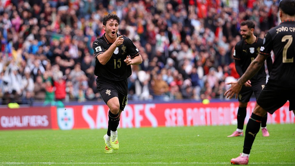 Photo: AP : Portugal Vs Armenia Highlights, FIFA World Cup 2026 European Qualifiers: Joao Neves celebrates after scoring his side's fourth goal.
