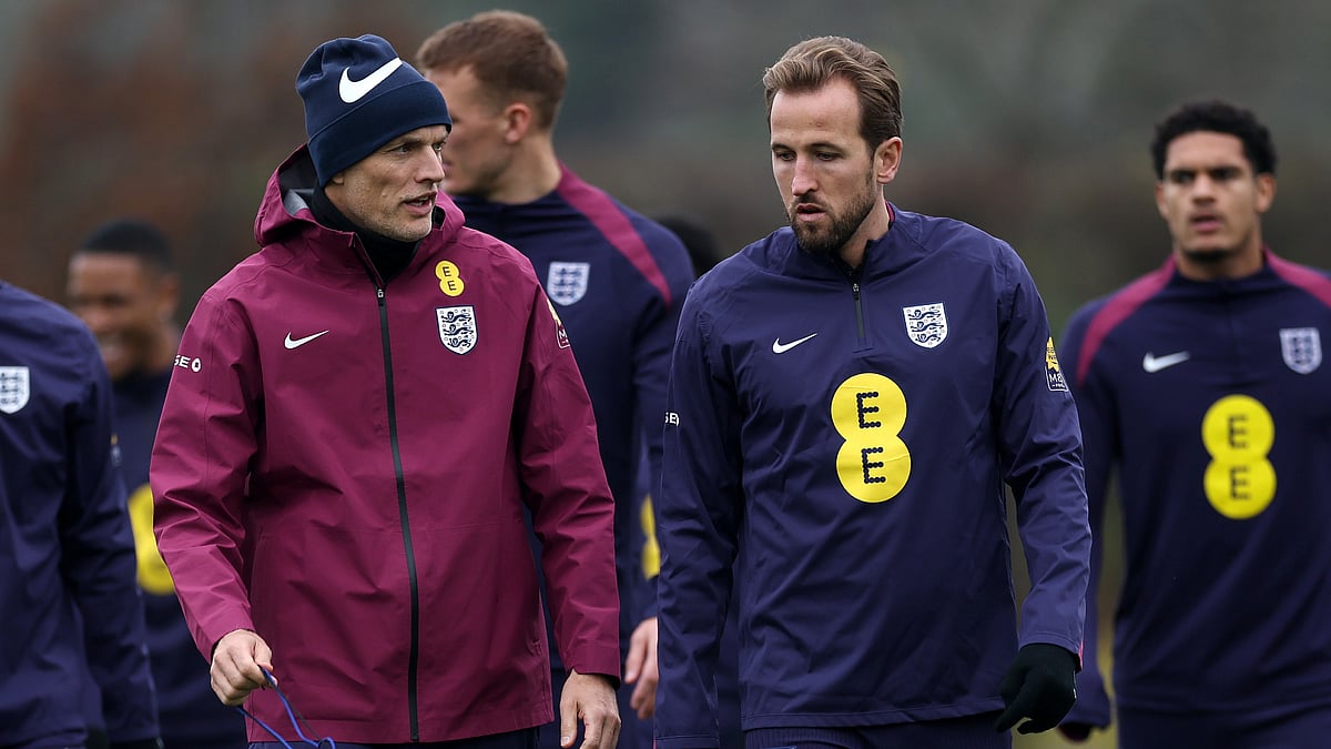File Photo : Thomas Tuchel and Harry Kane pictured during an England training session