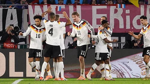 | Photo: AP/Geert Vanden Wijngaert : Germanys Nick Woltemade, center, is congratulated after scoring his sides second goal during the 2026 World Cup group A qualifying soccer match between Luxembourg and Germany in Luxembourg.