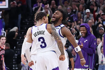 | Photo: AP/Rob Gray : Utah Jazz guard Keyonte George (3) celebrates a three-point basket that sealed their win over the Chicago Bulls with guard Isaiah Collier, right, during the second overtime of an NBA basketball game in Salt Lake City.