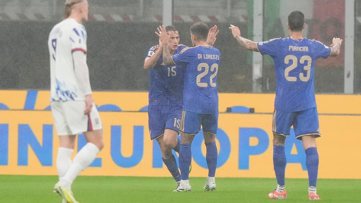 | Photo: AP/Luca Bruno : Norway's Erling Haaland walks as Italy's Pio Esposito celebrates with Giovanni Di Lorenzo and Gianluca Mancini after scoring the opening goal during the FIFA World Cup 2026 Group I qualifier match on Sunday, November 16, 2025. 