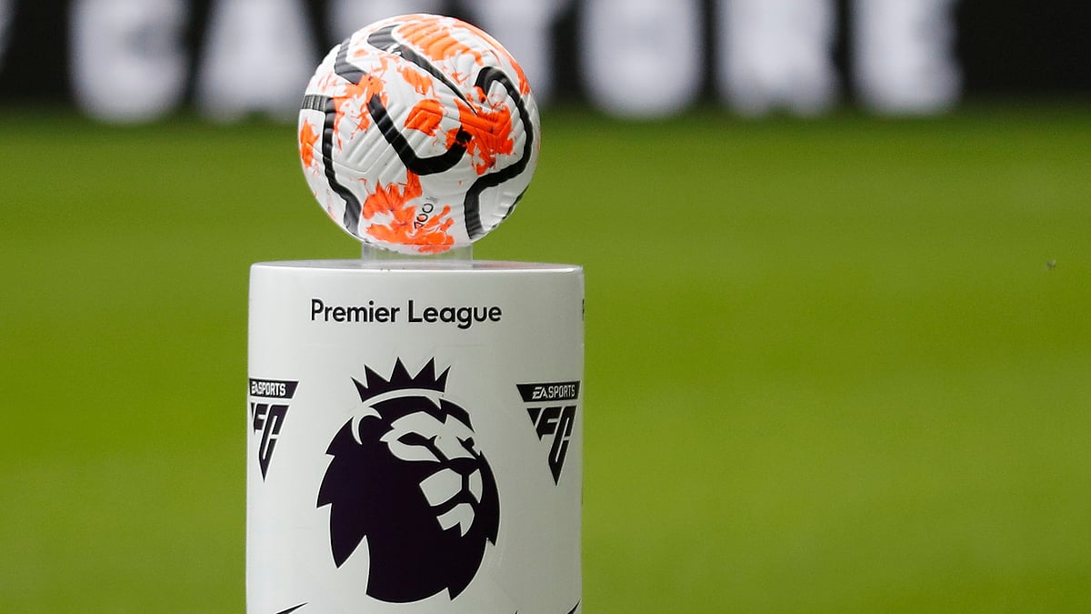 | Photo: AP/Steve Luciano : The match ball is set on a pedestal with the logo of the English Premier League before the match between Newcastle United and Aston Villa on August 12, 2023. 