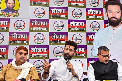 | Photo: PTI : Union Minister and Lok Janshakti Party (Ram Vilas) chief Chirag Paswan addresses a press conference at the party office, in Patna.