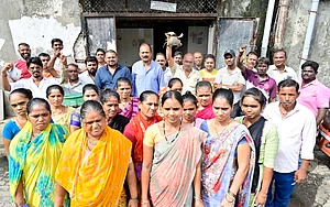 Sassoon Dock community which would be affected after godown will shut by authorities at Sassoon Dock, at Colaba on July 4, 2025 in Mumbai, India. The dispute, which is over a decade old, began after Mumbai Port Trust (MbPT) issued eviction notices alleging Maharashtra Fisheries Development Corporation (MFDC) had failed to pay lease rent. MFDC had leased the land from MbPT and sublet it to local fishermen and fish traders. The Koli community and workers involved in fish packing, export, and related trades are once again facing uncertainty and potential displacement. (Photo by Anshuman Poyrekar Hindustan Times) Koli Fisherman Community Facing Eviction From Sassoon Dock Over MFDC-MbPT Struggle