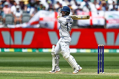 | Photo: AP/Gary Day : Englands Ben Duckett plays a shot during the first Ashes cricket test match between Australia and England in Perth.