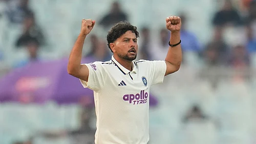 (AP Photo/Aijaz Rahi) : Indias Kuldeep Yadav celebrates the dismissal of South Africas Marco Jansen on the second day of the first cricket test match between India and South Africa in Kolkata, India, Saturday, Nov. 15, 2025.
