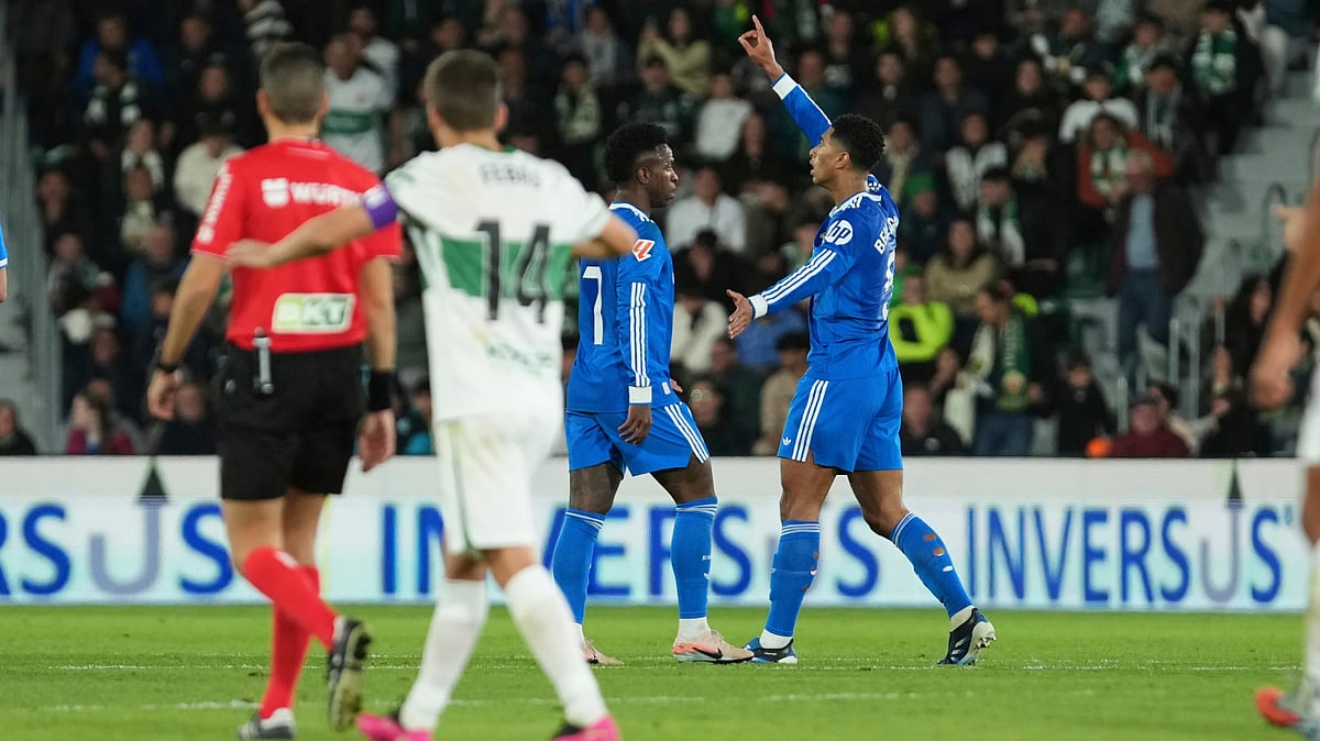 | Photo: AP/Alberto Saiz : Real Madrid's Jude Bellingham celebrates after scoring his side's second goal during the Spanish La Liga match against Elche on November 23, 2025.