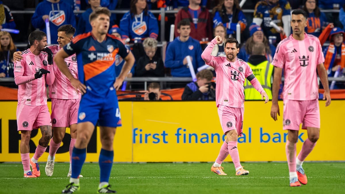 | Photo: AP/Tanner Pearson : Inter Miami forward Lionel Messi celebrates after scoring during the first half of Major League Soccer's Eastern Conference semi-final against FC Cincinnat on November 23, 2025.