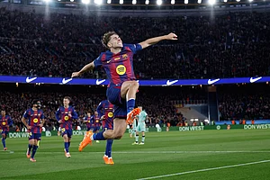 | Photo: AP/Joan Monfort : Barcelona's Fermin Lopez celebrates after scoring during a La Liga soccer match between Barcelona and Athletic in Barcelona, Spain.
