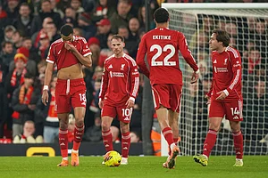 | Photo: AP/Ian Hodgson : From left, Liverpool's Cody Gakpo, Alexis Mac Allister, Hugo Ekitike, Federico Chiesa react after Nottingham Forest's Morgan Gibbs-White scored his side's third goal during the English Premier League soccer match between Liverpool and Nottingham Forest in Liverpool, England.