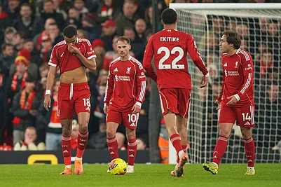 | Photo: AP/Ian Hodgson : From left, Liverpools Cody Gakpo, Alexis Mac Allister, Hugo Ekitike, Federico Chiesa react after Nottingham Forests Morgan Gibbs-White scored his sides third goal during the English Premier League soccer match between Liverpool and Nottingham Forest in Liverpool, England.
